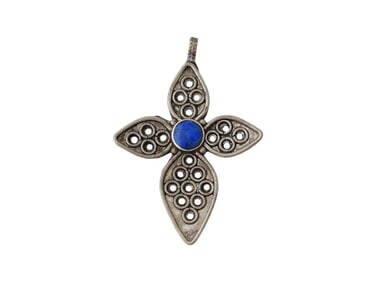 ANTIQUE HOLY LAND LAPIS LAZULI SILVER CROSS PENDANT
