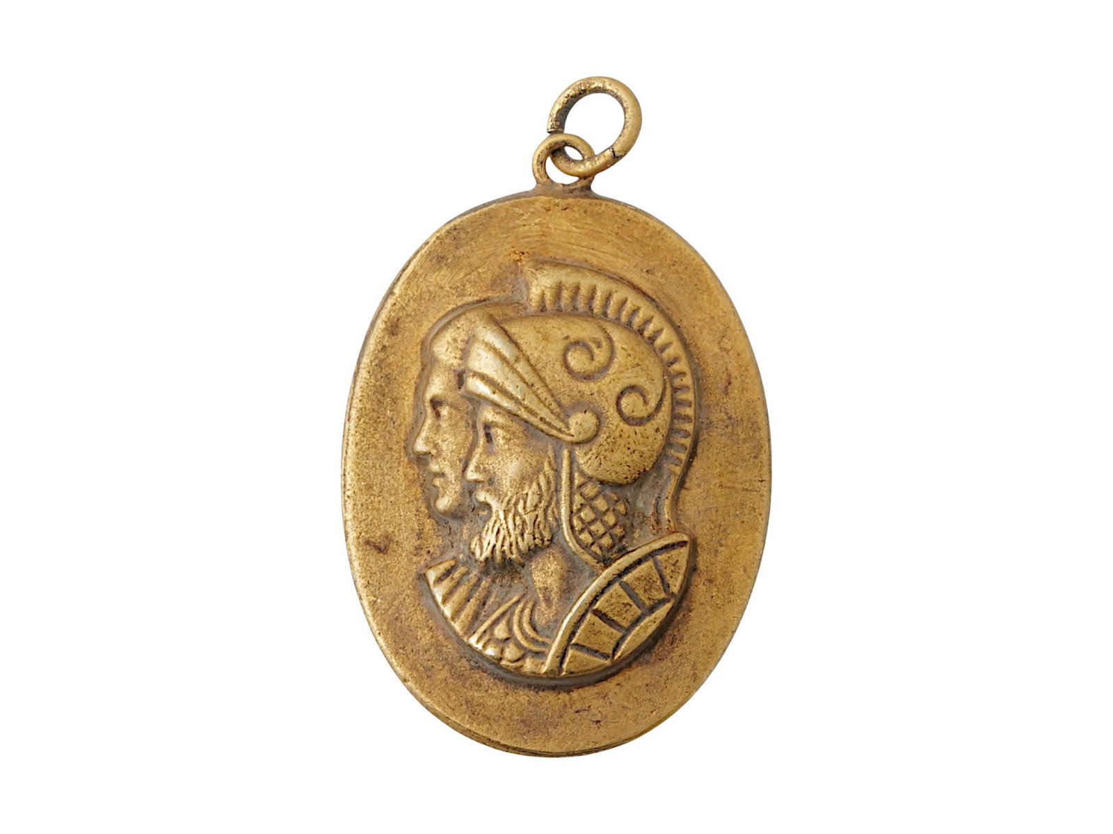 ANTIQUE GREEK GOLD WASH OVER METAL PENDANT 1900 AD: An antique Greek pendant adorned with relief double portraits. Gold wash over metal. Circa 1900 AD. Ancient And Antique Historical Collectibles, Pendants and Jewelry Collectables. THIS LOT IS E