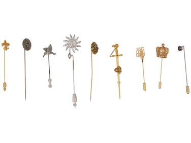GROUP OF NINE STICK PINS OF VARIOUS DESIGNS