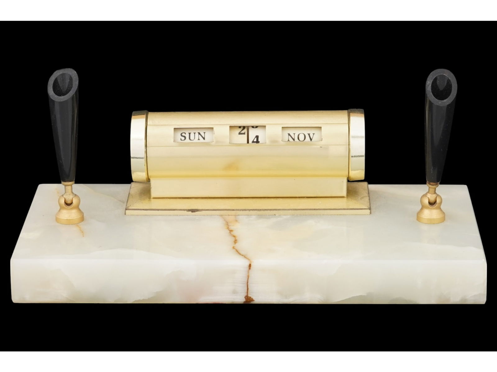 PERPETUAL DESK CALENDAR W PEN HOLDERS ON ONYX BASE (1 of 6)