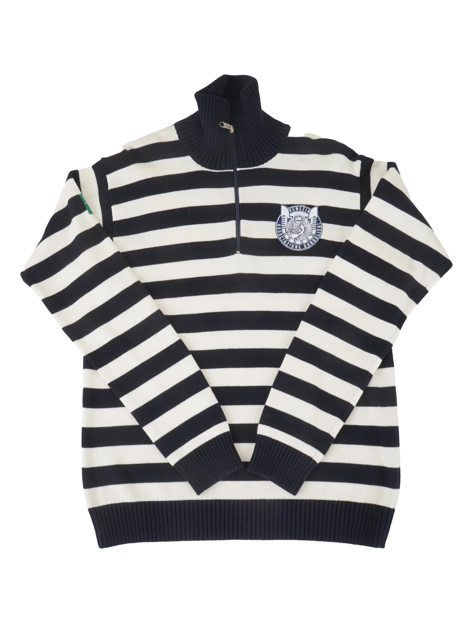 EMILIO CECCATO ITALIAN VENETIAN COTTON SWEATER: An Italian Venice cotton sweater by Emilio Ceccato. Features a classic design with bold navy blue and cream stripes that add a timeless flair. Crafted from 100 cotton. Stand up collar with a secure zi