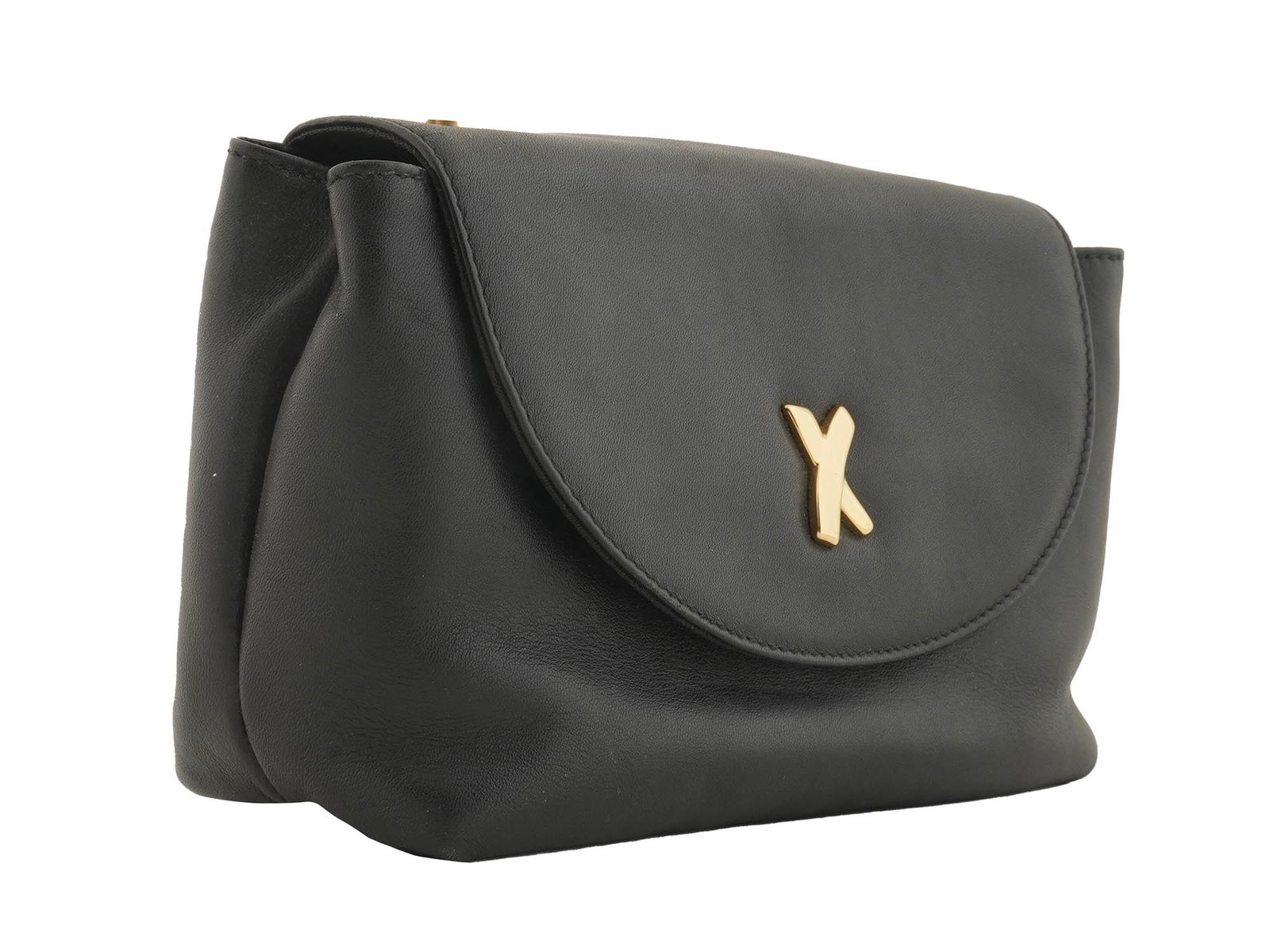 VINTAGE ITALIAN LEATHER PURSE BY PALOMA PICASSO: A vintage Italian leather purse by Paloma Picasso. Gold tone monogramed hardware. Monogramed satin lining. Marked with a brand label, by Paloma Picasso, Made in Italy, inside. Presented with an origin