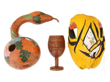 THREE HANDCRAFTED TRADITIONAL FOLK ART ARTISANAL ITEMS