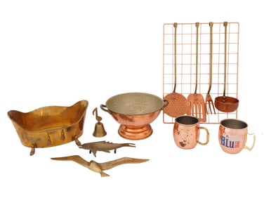 MIXED COPPER AND BRASS ITEMS TABLEWARE PLANTER MUGS