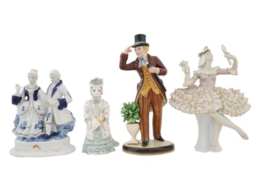 FOUR VINTAGE ASSORTED PAINTED PORCELAIN FIGURINES