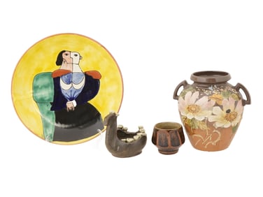 GROUP OF FOUR VINTAGE PAINTED CERAMIC WARES