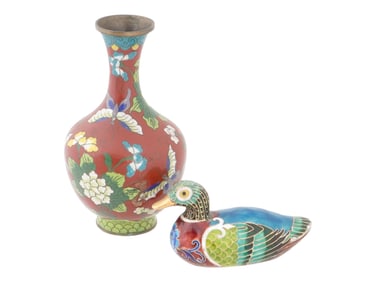 VINTAGE CLOISONNE ENAMEL RED VASE AND DUCK FIGURINE