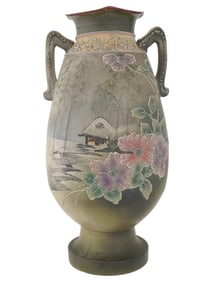 LARGE ASIAN DOUBLE HANDLED PAINTED PORCELAIN VASE