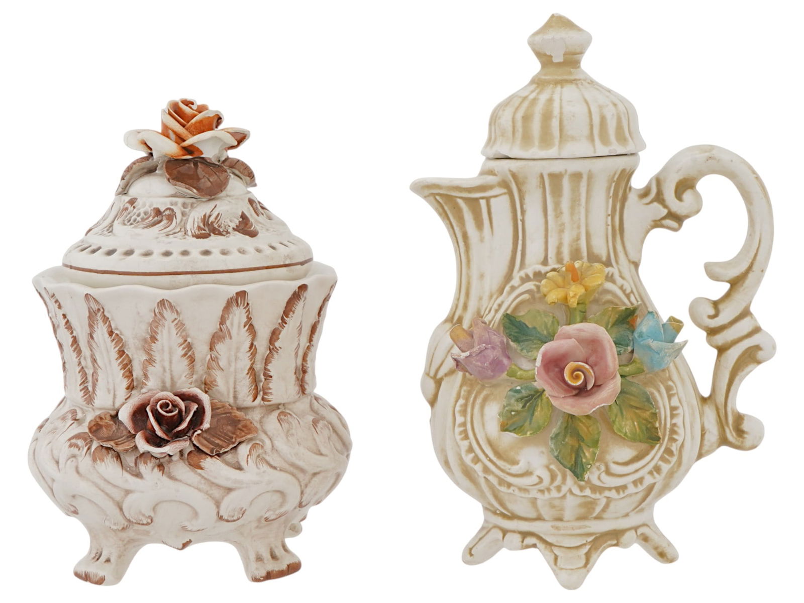 VINTAGE ITALIAN CERAMIC CANDY BOWL AND JUG BY V BASSANO: A pair of vintage Italian ceramic items by V. Bassano. The lot includes a lidded candy bowl and a jug. Both pieces are decorated with lush relief decoration with floral and foliate motifs and are rais