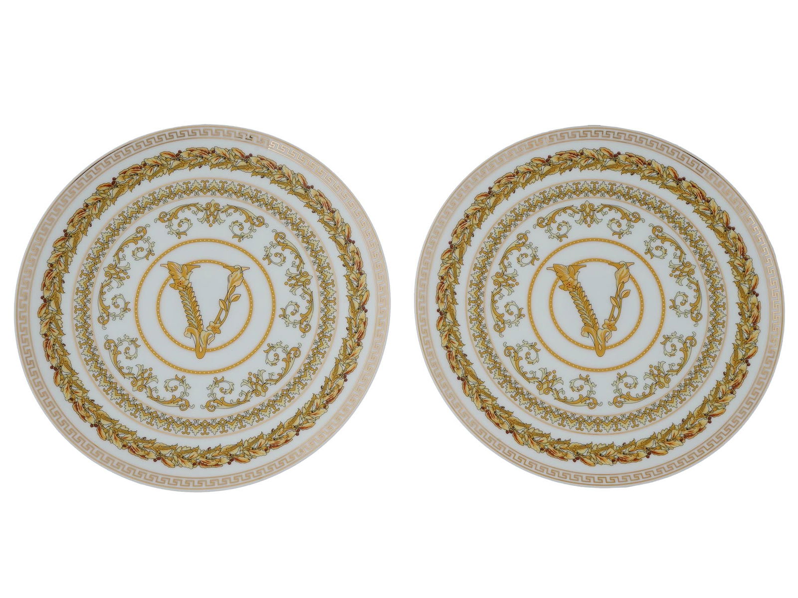 PAIR OF VIRTUS GALA VERSACE AND ROSENTHAL PLATES: A pair of vintage porcelain plates from the Virtus Gala collection, a collaboration of the fashion brand Versace and Rosenthal, a famous German porcelain manufacture established in 1879. Each plate ha