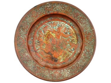 ANTIQUE EMBOSSED BRASS PLATE WITH WARRIOR