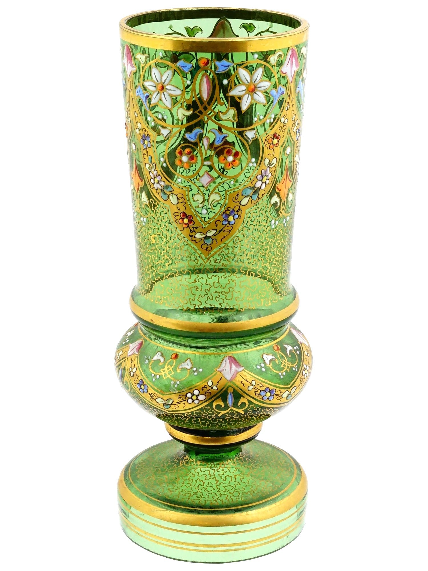 MINIATURE BOHEMIAN PAINTED AND ENAMELED GLASS VASE: A miniature vintage Bohemian vase. Raised on a base, the vase is elongated and close to cylindrical in shape. It is richly decorated with hand painted floral and foliate enamel patterns with gold tone