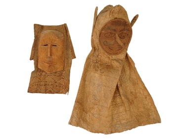 PAIR OF RITUAL CARVED WOOD AND FIBER BARKCLOTH MASKS