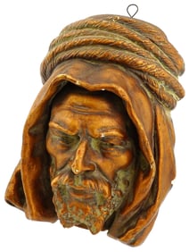 ANTIQUE PAINTED CERAMIC MALE HEAD WALL SCULPTURE