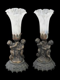 PAIR OF TIFFANY STYLE CHERUB BRONZE TABLE LAMPS