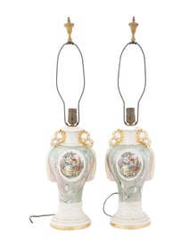 PAIR OF VICTORIAN MANNER PAINTED PORCELAIN LAMPS