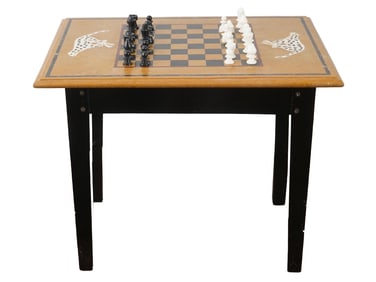CARVED STONE MOSAIC CHESS TABLE W CHESS PIECES IN BOX