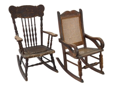 ANTIQUE CHILDRENS ROCKING CHAIRS CARVED WOOD CANEWORK
