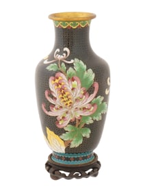 CHINESE BLACK CLOISONNE FLOWER ENAMEL VASE W STAND