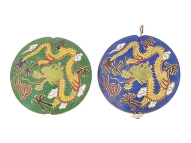 PAIR OF CHINESE DRAGON DESIGN ENAMEL METAL PENDANTS