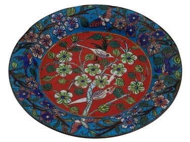 CHINESE BIRD FLORAL CLOISONNE ENAMEL FOOTED PLATE