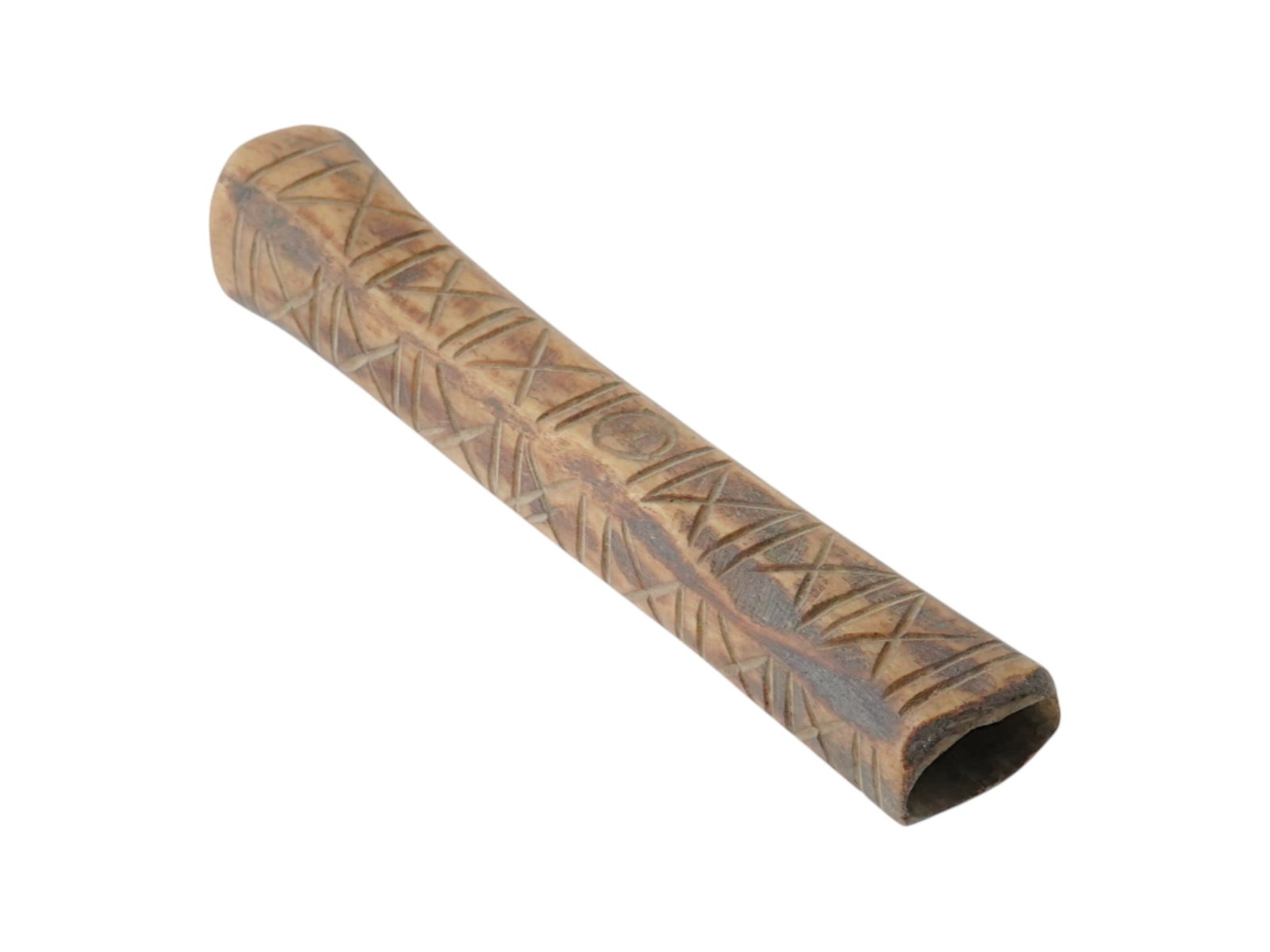 ANCIENT EGYPTIAN COPTIC PERIOD CARVED GAME PIECE: An ancient Egyptian Coptic Period hand carved hollow rectangular shaped animal natural material game piece. The ware is adorned with incised geometrical patterns on the surface. Light brown color. Cir