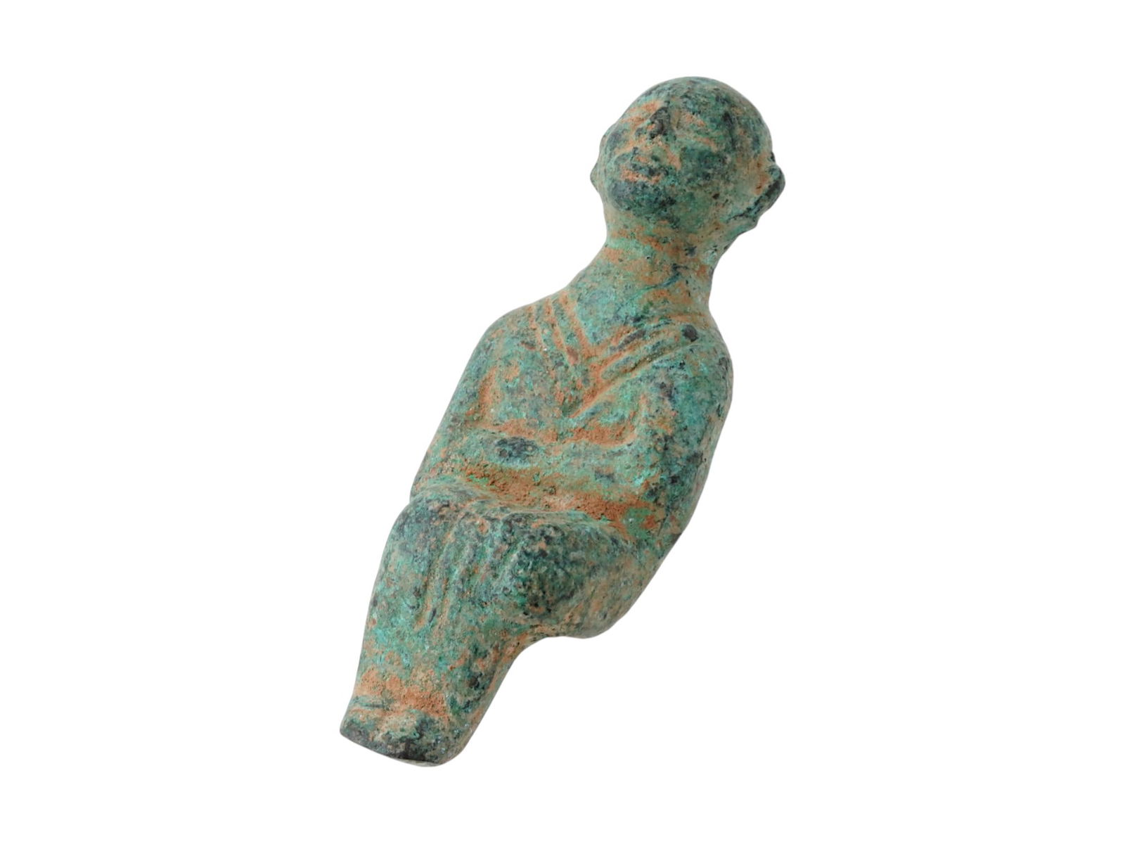 ANCIENT MESOPOTAMIAN BRONZE SEATED FIGURE: An ancient Mesopotamian bronze seated figure in a full length garment, the hands folded at the waist. Bears a Green patina. Circa 1200 BC. Collectible Historical Artifacts, Archaeological Finds and Ho