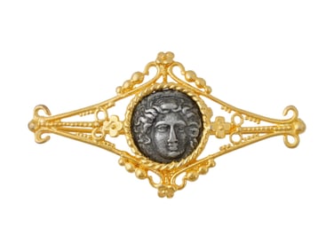 ANCIENT GREEK SILVER COIN IN 22K GP MODERN BROOCH