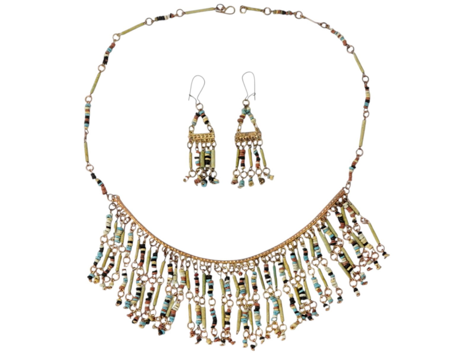 ANCIENT EGYPTIAN BEADS AS GOLD PLATED NECKLACE EARRINGS: An ancient Egyptian assemblage of green, black, blue, yellow, and almond-brown tubular mummy beads, dating to around 600 BC, redesigned in modern 22k gold-plated necklace and earring settings. These v