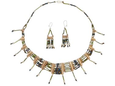 SET OF NECKLACE EARRINGS W ANCIENT CARVED STONE BEADS