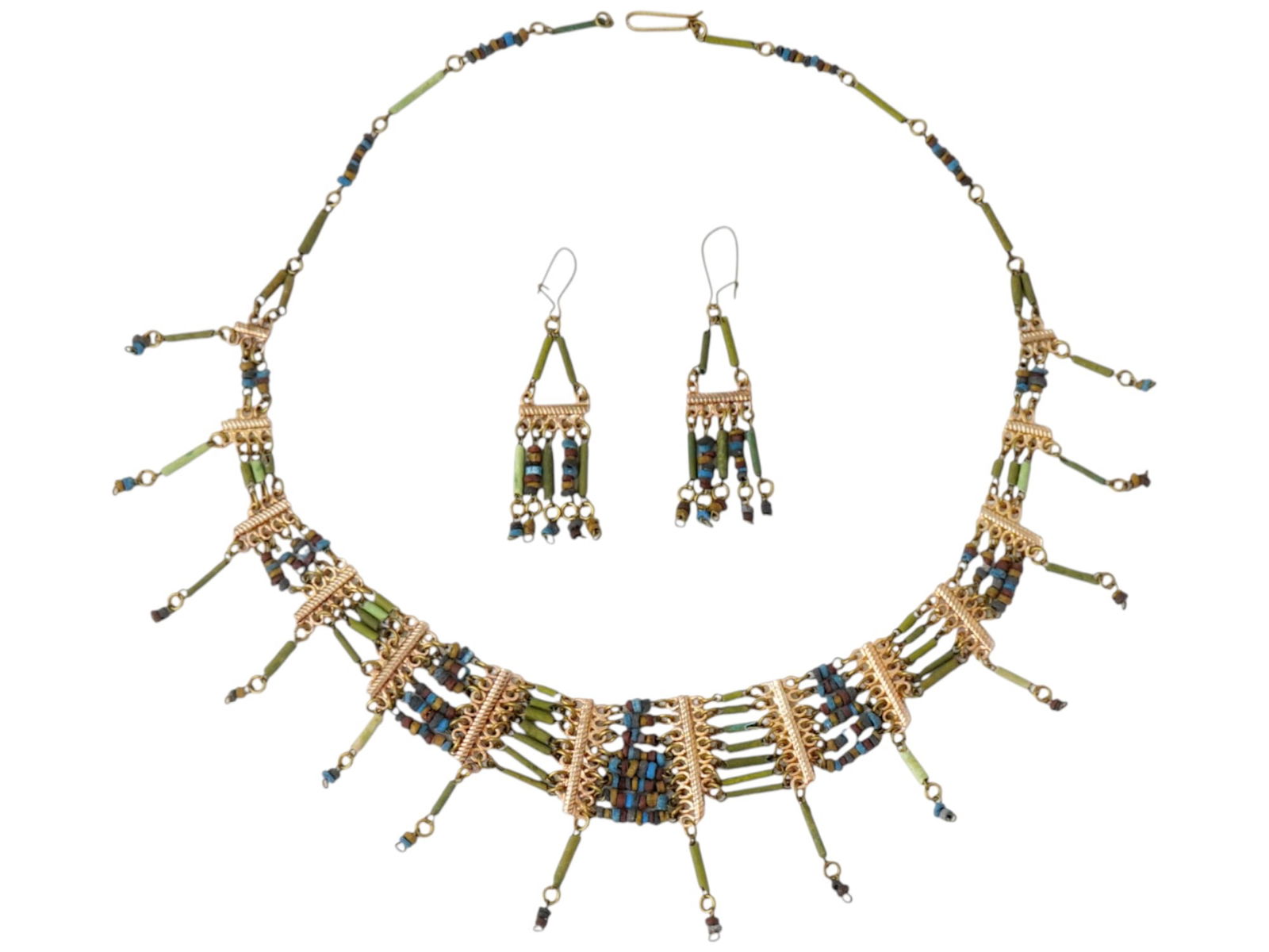 SET OF NECKLACE EARRINGS W ANCIENT CARVED STONE BEADS (1 of 2)