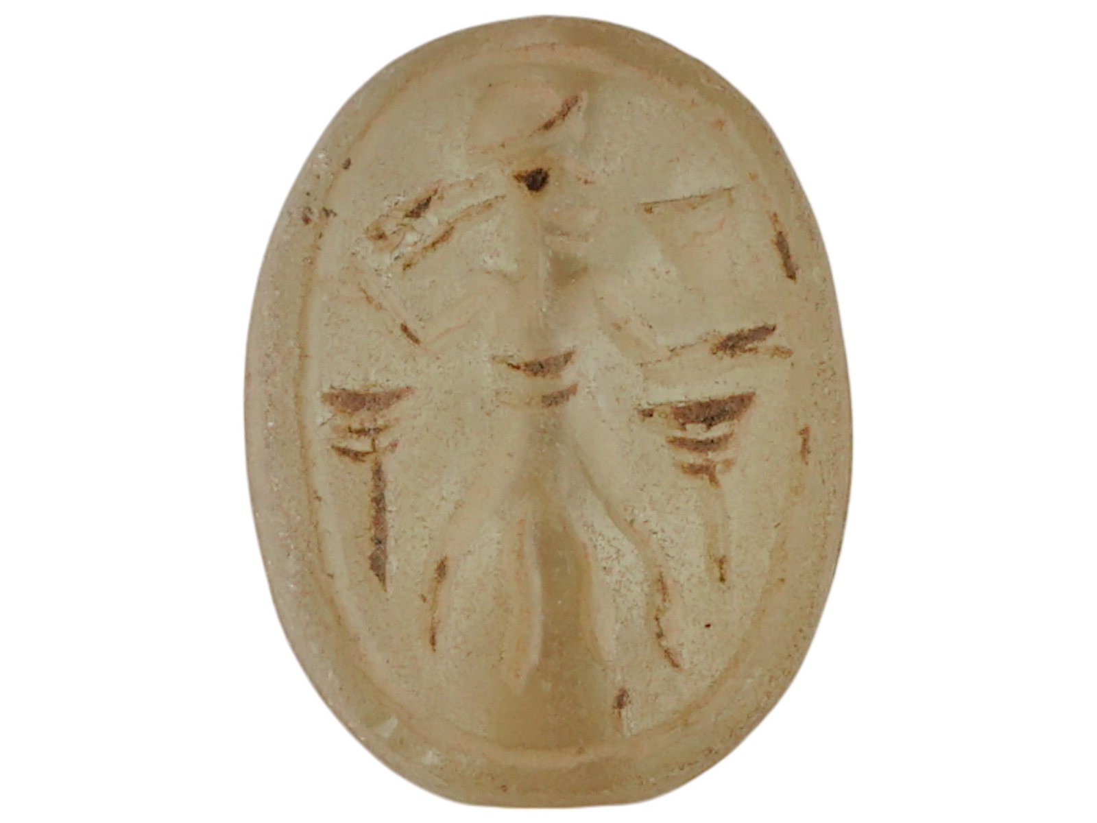 200 AD ANCIENT SYRIAN SCARAB FIGURE GLASS BEAD SEAL: An Ancient Syrian glass scarab seal bead. The seal depicts a design representing engraved ornaments, on the top, and a human figure, on the bottom. Scarabs are amulets and impression seals shaped acco