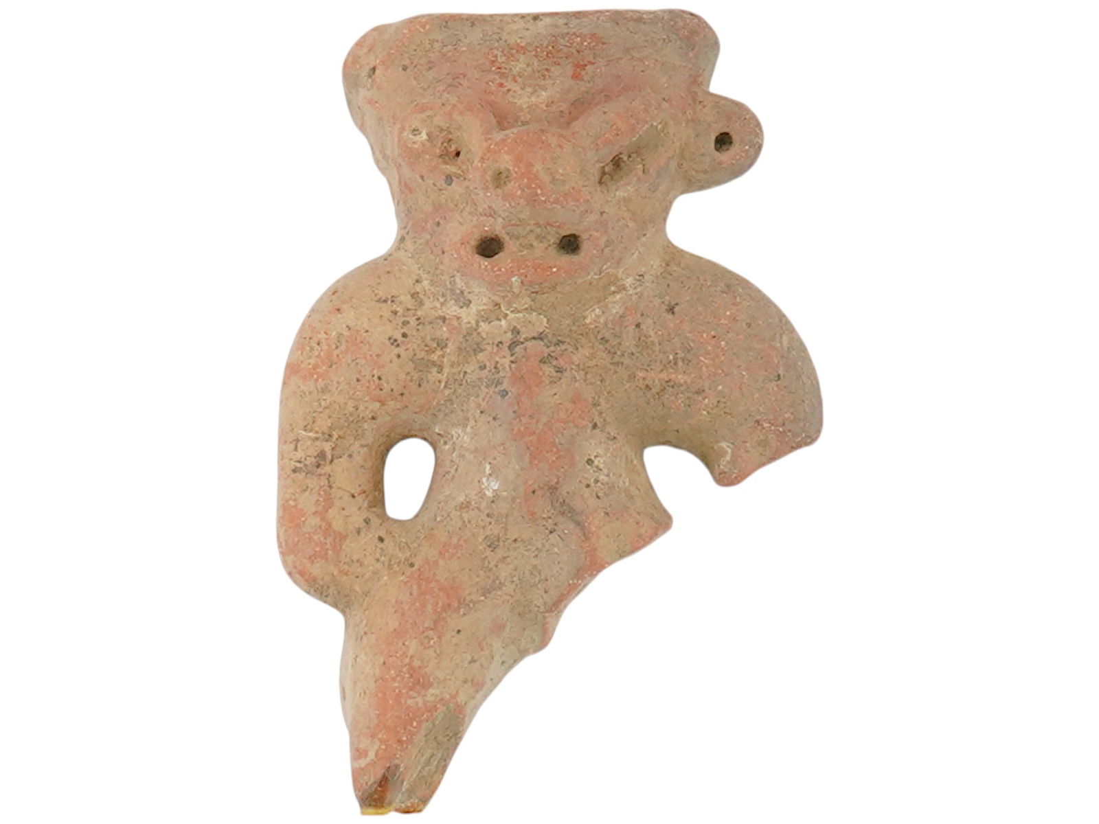 ANCIENT PRE COLUMBIAN ANTHROPOMORPHIC TERRACOTTA FIGURE: An ancient Pre-Columbian anthropomorphic terracotta figurine from El Salvador, dating between 1200 and 1800 BC. Skillfully modeled, the figure exhibits stylized human features and may have held ceremo