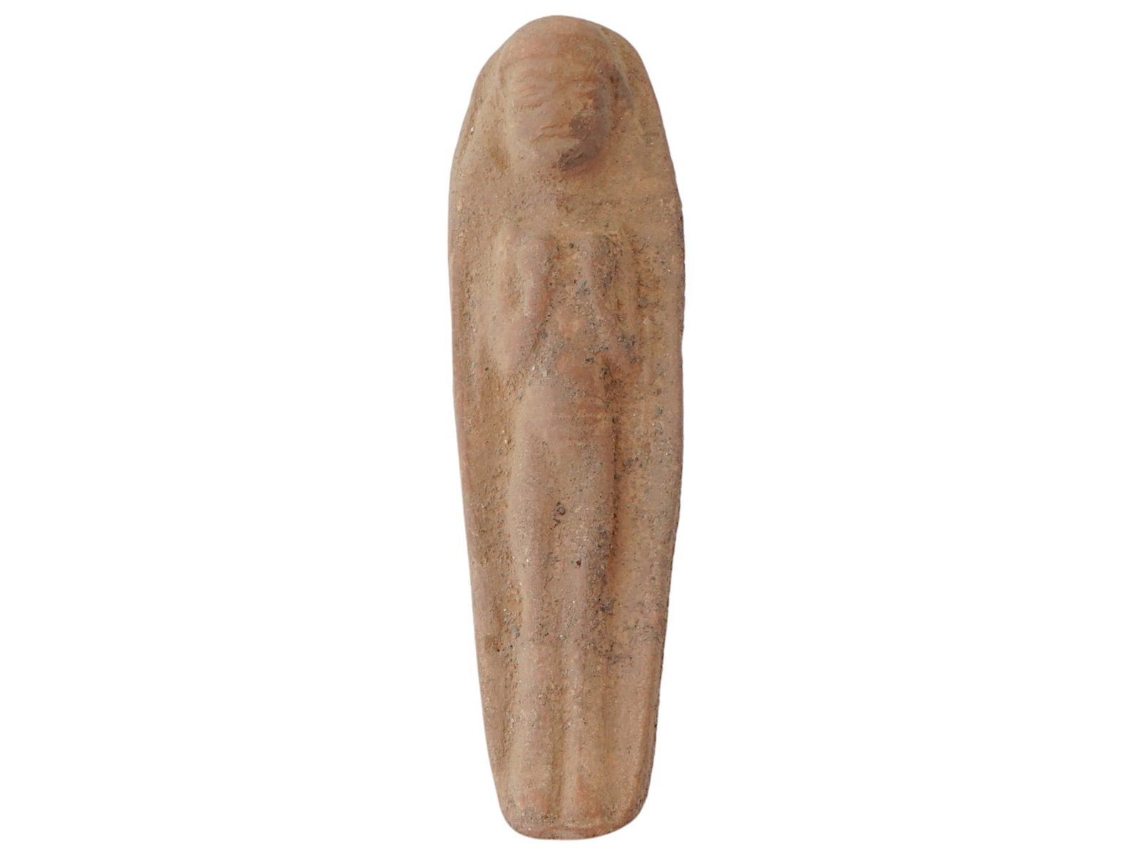 ANCIENT PHOENICIAN TERRACOTTA IDOL SCULPTURE: An ancient Phoenician terracotta figurine of an idol. Assyrian or Babylonian vassalage period, ca. 1000 to 500 BC. Elongated figure with raised arms. Historical Collectibles, Archaeological Relics, Po