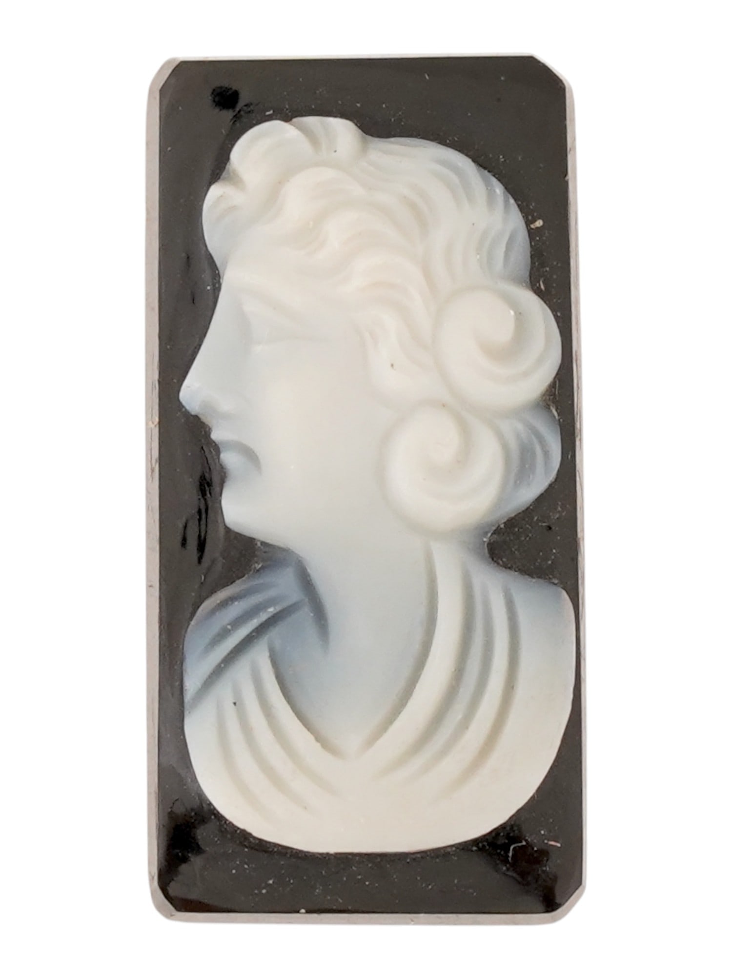 ANTIQUE OR VINTAGE HAND CARVED MALE PROFILE CAMEO: An antique or vintage hand-carved cameo of rectangular shape featuring a black stone base with applied white relief male portrait. Collectible Gemstone Carvings, Sculpture, Glyptic Art, Jewelry.