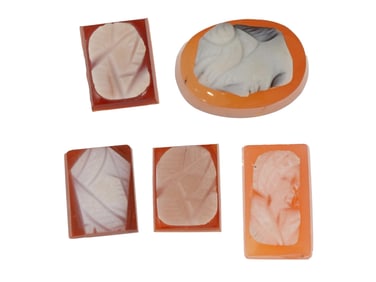 GROUP OF FIVE HAND CARVED CARNELIAN AND SHELL CAMEOS