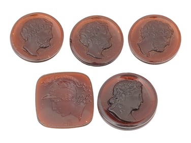 COLLECTION OF FIVE HAND CARVED CARNELIAN CAMEOS