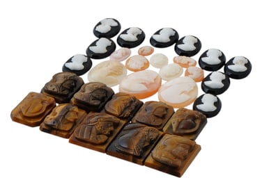 COLLECTION OF 30 ANTIQUE HAND CARVED CAMEOS