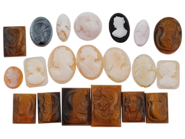 COLLECTION OF 20 VARIOUS ANTIQUE HAND CARVED CAMEOS