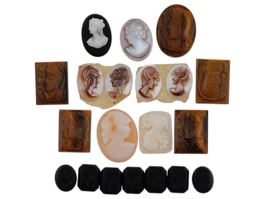 COLLECTION OF 20 VARIOUS ANTIQUE HAND CARVED CAMEOS
