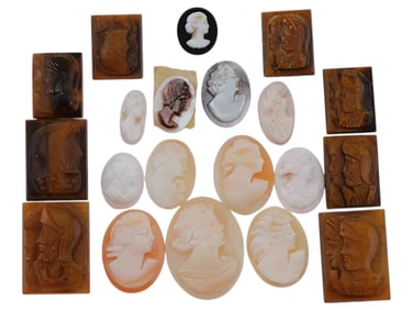 COLLECTION OF 20 VARIOUS ANTIQUE HAND CARVED CAMEOS