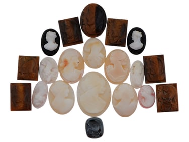 COLLECTION OF 20 ANTIQUE HAND CARVED CAMEOS