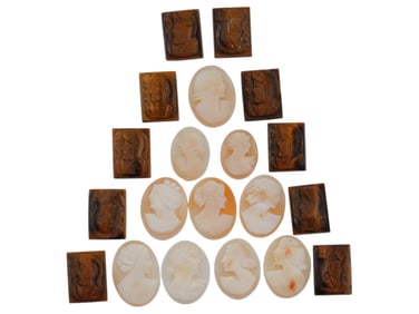 COLLECTION OF 20 VARIOUS ANTIQUE HAND CARVED CAMEOS