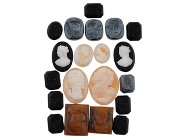 COLLECTION OF 20 ANTIQUE HAND CARVED CAMEOS