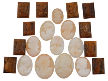 COLLECTION OF 20 VARIOUS ANTIQUE HAND CARVED CAMEOS