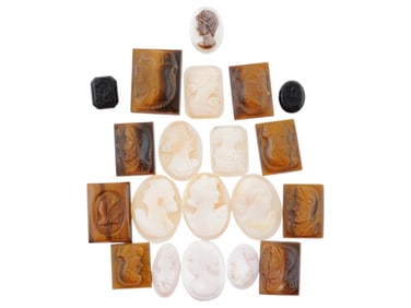 COLLECTION OF 20 VARIOUS ANTIQUE HAND CARVED CAMEOS