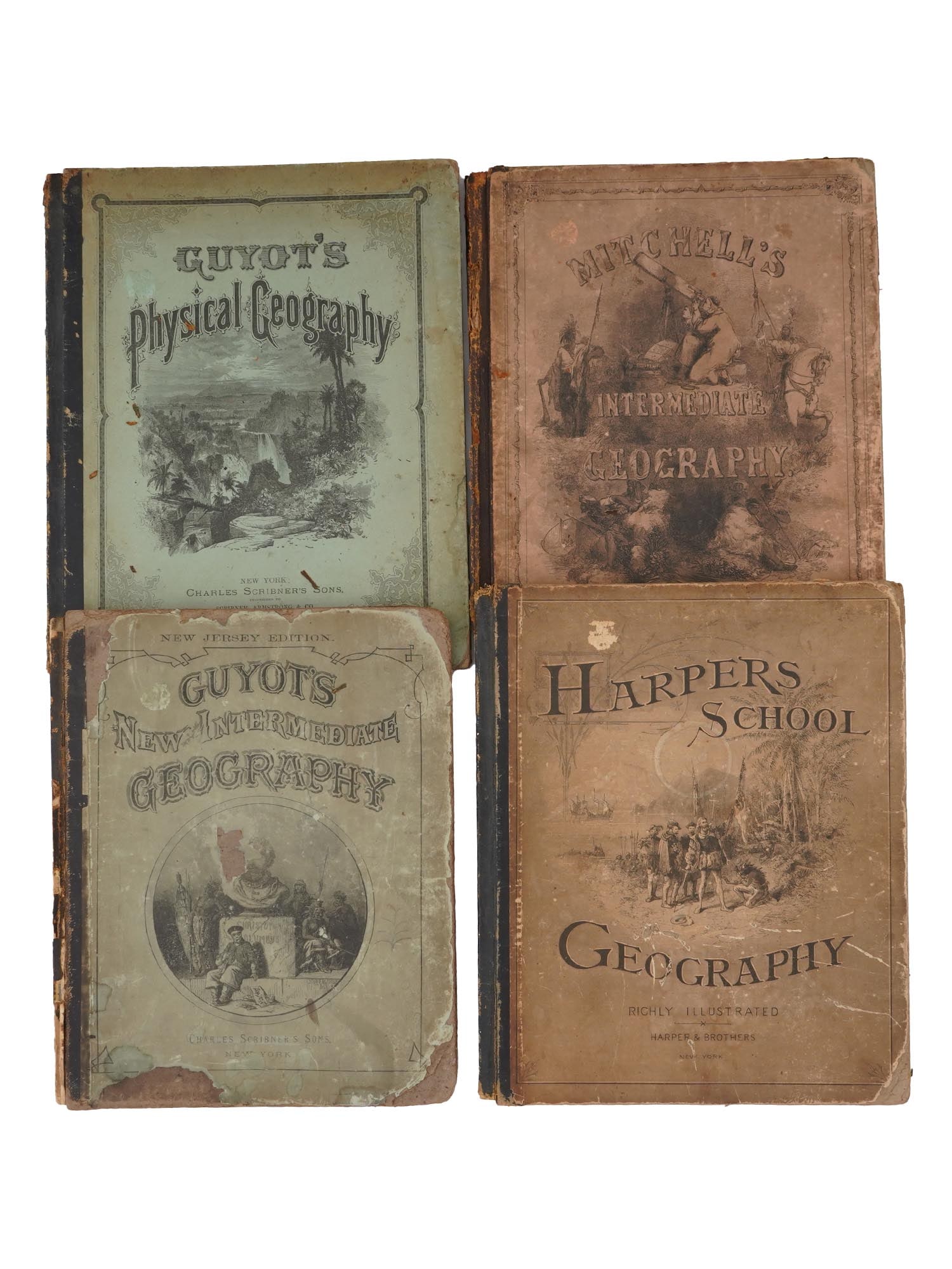ANTIQUE GEOGRAPHY TEXTBOOKS GUYOTS HARPERS MITCHELLS: A group of four antique geography textbooks, including Guyots Physical Geography, Guyots New Intermediate Geography, Mitchells Intermediate Geography, and Harpers School Geography. Each volume is rich