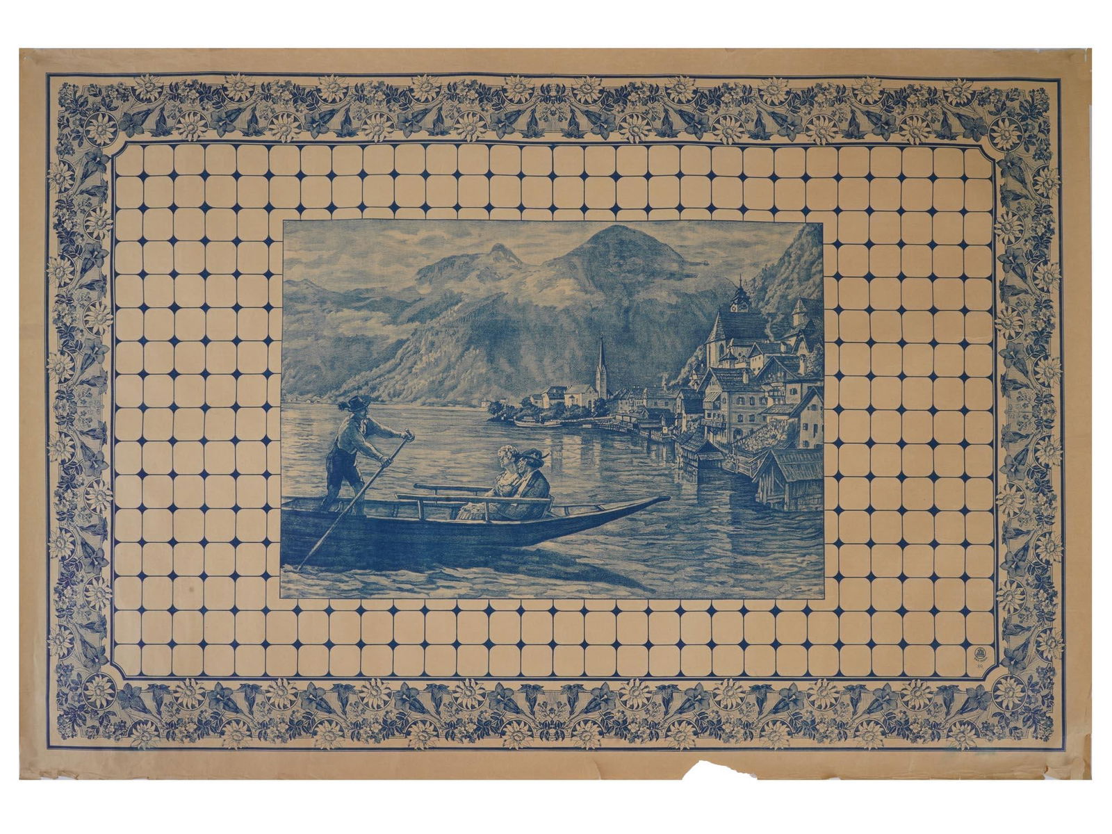 VINTAGE GERMAN ART POSTER TILES LAKE HALLSTATT: A vintage German art poster designed in the style of azulejo tiles, a traditional Portuguese ceramic tile art known for its intricate patterns and vibrant colors. The poster depicts Hallstatt and Lake