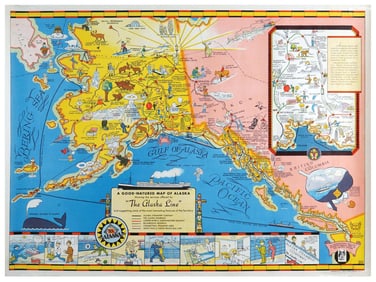 VINTAGE AMERICAN POSTER A GOOD NATURED MAP OF ALASKA