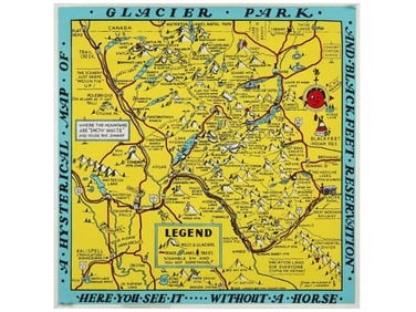 VINTAGE AMERICAN POSTER HYSTERICAL MAP OF GLACIER PARK